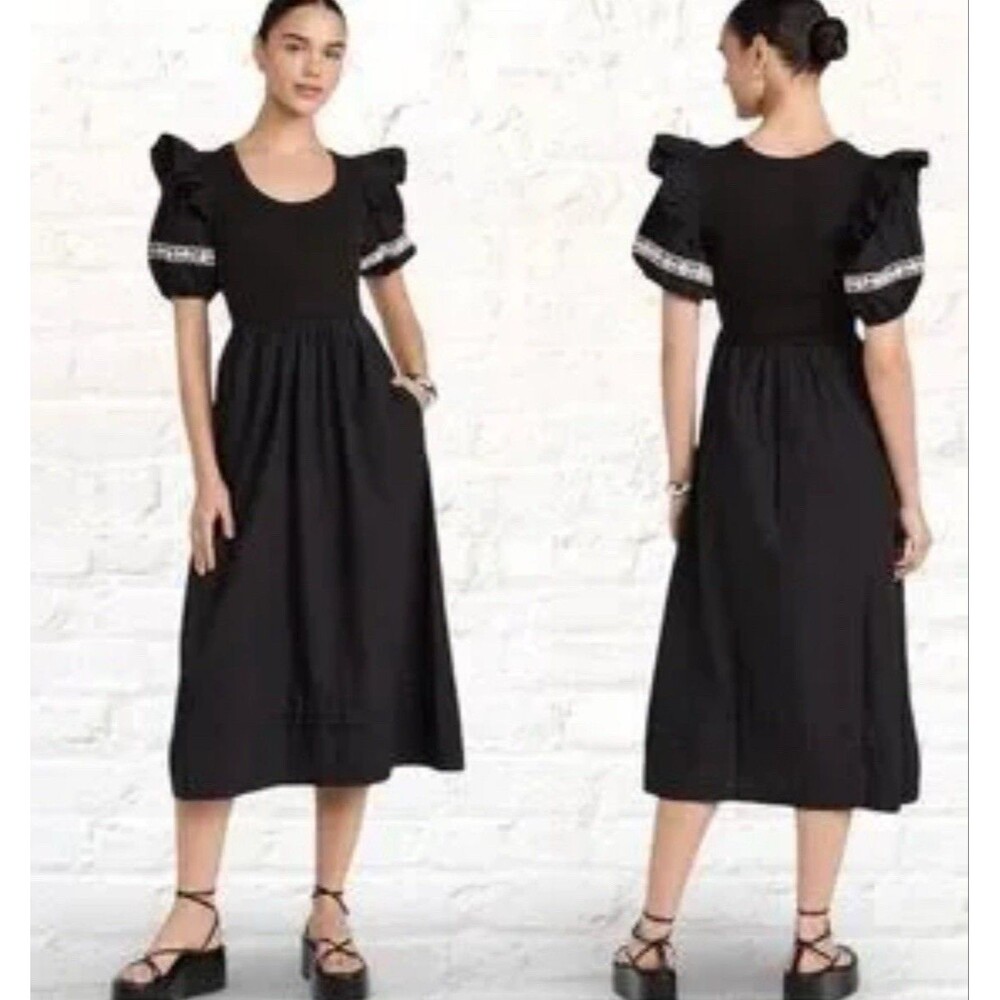 Cleobella Selma Midi Dress Cotton Poplin Pockets‎ Black Sz Large